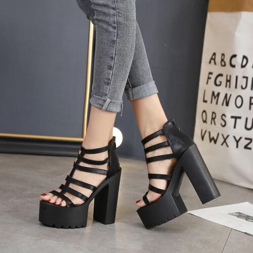 Platform Shoes For Summer Extreme High Heels Sandals Open Toe Fashion Buckle Block Heels Punk Black Leather Good Quality