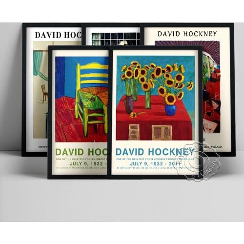 David Hockney Exhibition Museum Poster, Invented Man Revealing Still Life Canvas Painting, Sunflower Chair Landscape Home Decor