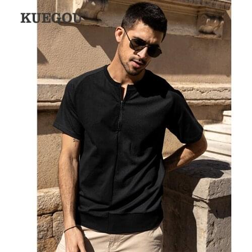 KUEGOU 100% Cotton Tee Half cardigan Mens T-shirt Summer High Quality Fashion Patchwork Tshirt Short Sleeve Zip Top ZT-90055