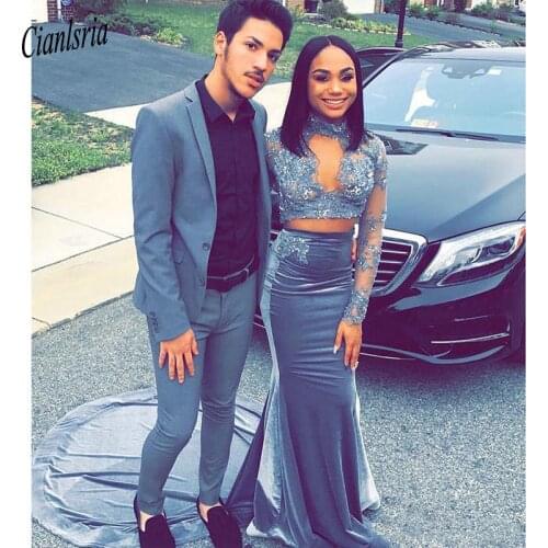 2020 Two Piece Mermaid Special Occasion Dresses Black Girls Prom Party Dress Long Sleeves High Neck Lace Appliques Party Gowns