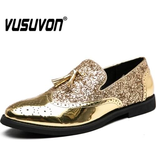 Fashion Tassel Men Loafers Gold Sequin Men Leather Dress Shoes Non-slip Rubber Bar Party Wedding Oxford Brogue Shoes Size 38-48