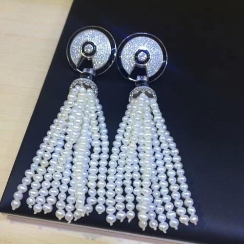 Trendy natural fresh water pearl tassels earring 925 sterling silver with cubic zircon fine women jewelry free shipping