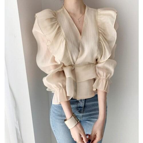 Fashion Design Lightweight Chiffon Women Blouse Summer New V-Neck Ruffles Puff Sleeved Slim Elegant Office Lady Pulls Tops