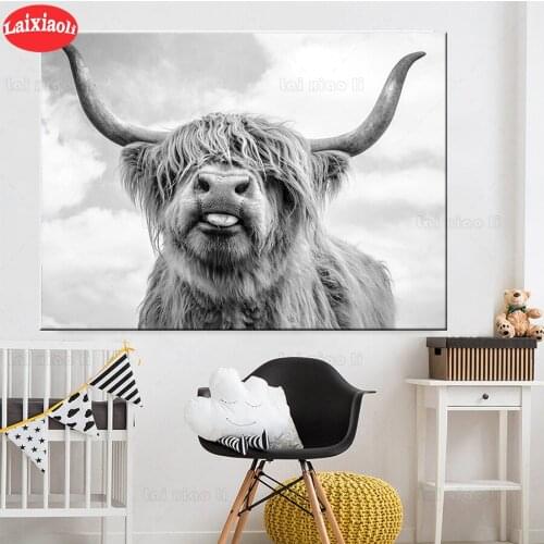 New diamond embroidery mosaic Highland cattle, black and white diamond paintings full square round drill stitch cross