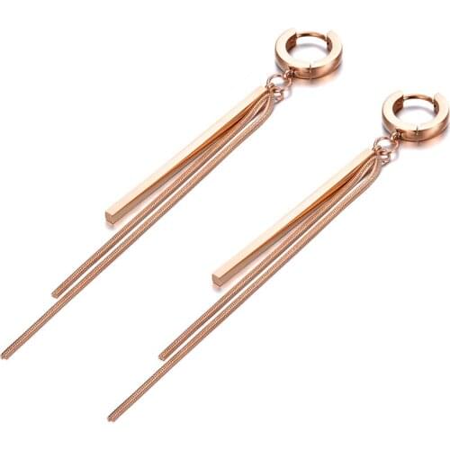 Simple Rose Gold Long Strip & Chain Tassel Earrings For Women Girls Titanium Steel Bohemia Party Hoop Earrings E19228