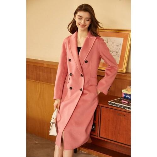 Pink high-end double-sided cashmere coat womens mid-length slim-fit woolen coat for fall/winter 2021 new