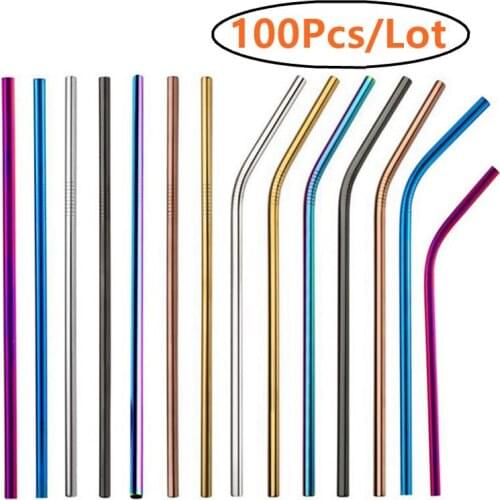 100Pcs Metal Straws Stainless Steel Straws Reusable Drinking Straw Tea Smoothies Straw Bubble Tea Cocktail Bar Party Accessory