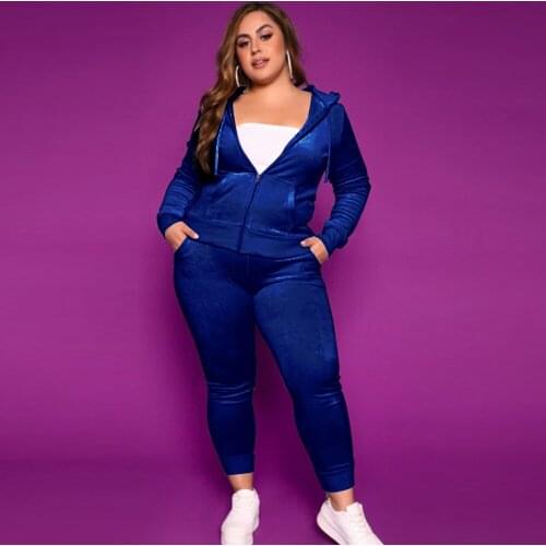 ZJFZML ZZ Women Clothing Two Piece Outfit Plus Size Hooded Long Sleeve Velvet Jacket+sporty Sweatpants Dropshipping Wholesale