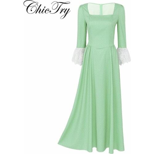 Woman’s Pioneer Costume Colonial Dress Lace Sleeve Summer Outfit Daily Clothes Long Sleeve with Flared Lace Cuff Polka Dot Dress