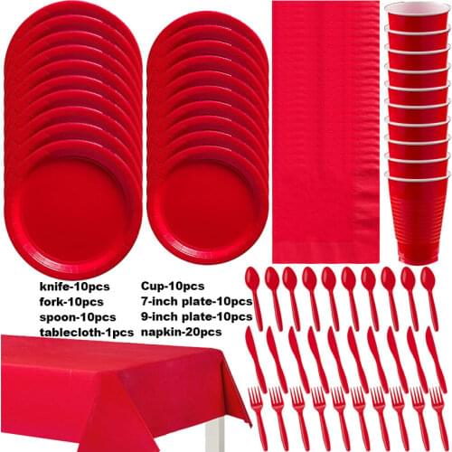81pcs/Pure Red Plastic Decorations Wedding Party Decors Disposable Tableware Kit Cups Plates Napkin Kids Birthday Party Supplies