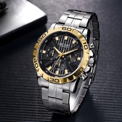 MEGIR Stainless Steel Watches Men Chronograph Quartz Business Mens Watch Top Brand Luxury Waterproof Wrist Watch Reloj Hombre