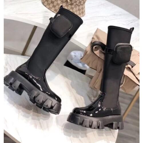 Black Slim Platform Punk Motorcycle Boots Ladies Pocket Platform Knee High Martin Boots Women Cow Leather Millitary Long Boots