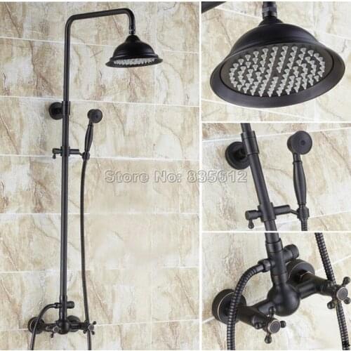 Black Oil Rubbed Bronze Bathroom Dual Handles Rain Shower Faucet Set with Handheld Shower Head / Wall Mounted Mixer Taps Wrs412