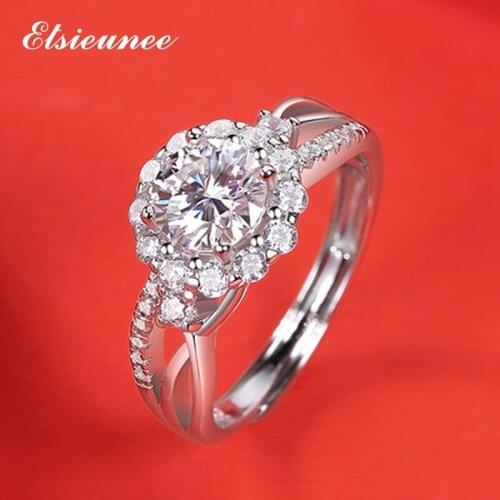 ELSIEUNEE Excellent Round Cut 925 Sterling Silver 1CT Moissanite Ring Ladies Wedding Engagement Fine Jewelry Pass Diamond Test
