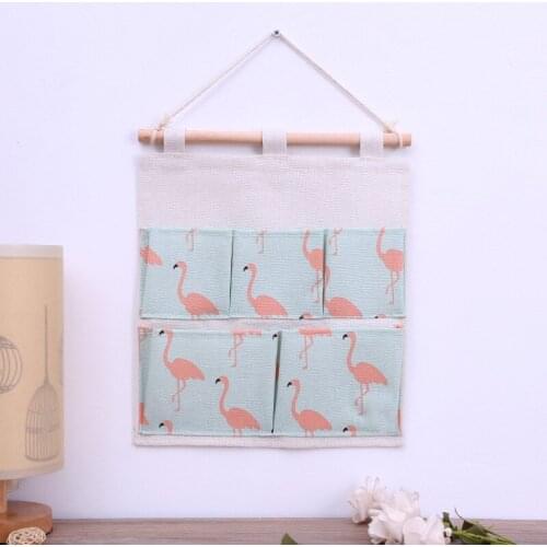 Flamingo Pattern Cotton Linen Hanging Storage Bag 5 Pockets Wall Mounted Wardrobe Hang Bag door Pouch lovely Toys Organizer