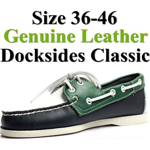 Men Women Genuine Leather Docksides Classic Boat Shoes,Homme Femme White-Green Plus Big Size 36-46 Brand Flats Loafers A079