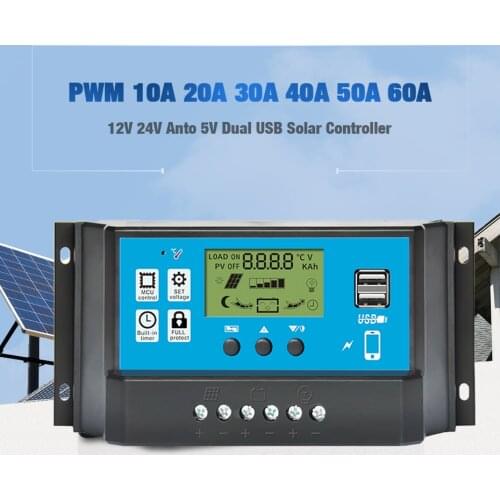 60A 50A 40A 30A 20A 10A Solar Controller 12V 24V Auto PWM Controllers With LCD Display 5V Dual USB Output Controller