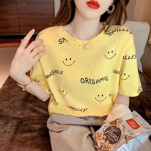 Korean Smiley print Summer Fashion T Shirt Women Tops Loose Short sleeve Women Tshirt Tops Student Tops 2021 women clothing