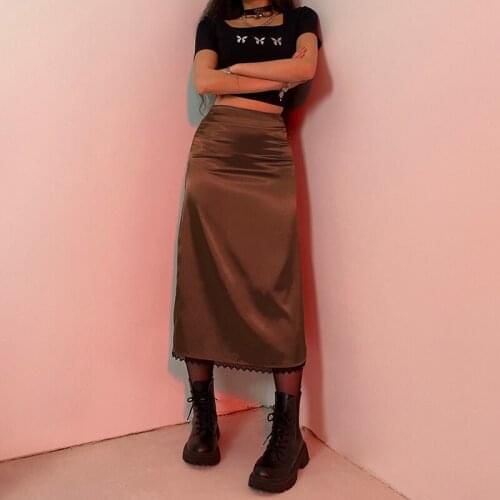 Brown Summer High Quality Y2k Lace Patchwork Satin High-Waisted Long Skirt Trend Kawaii Black Straight Skirts for Women