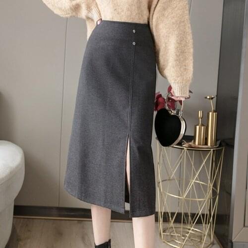 2021 Korean Version of Solid Color High Waist Woolen Skirt Winter Slim Single-breasted Split Mid-length Skirt Office