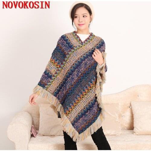 2020 Autumn V Neck Triangle Loose Sweater With Tassels Knitted Grey Royal Blue Poncho Casual Bat Sleeves Striped Pullovers