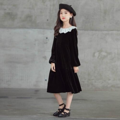 Ruffle Girls Dress Elegant Kids Dresses for Girls Children Autumn Winter Brief Black A-Line Princess Dress 6 8 10 12 14 16Y