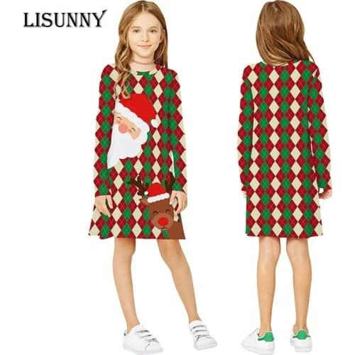 European American style Girls Dresses 2021 Spring Autumn Christmas Santa Claus horse Print Kids Long Sleeve Princess Dress 7-12y
