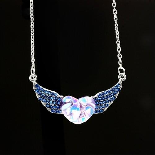 Crystal Cherub Wings Pendant Necklace Women Lovely Fairy Wing Pendant Necklace Jewelry Angel Wings Heart Pendant Valentines Gift