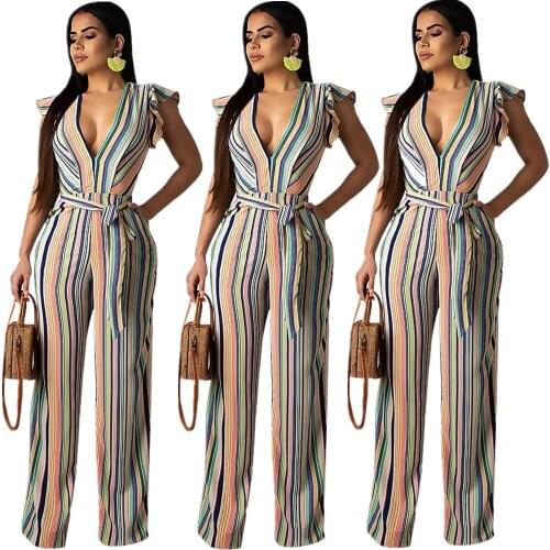 Striped Hollow Ear Sleeve Lace Up Long Jumpsuit Womens Jumpsuit Fashion Leisure Daily Party Date High Street Leisure Clothing