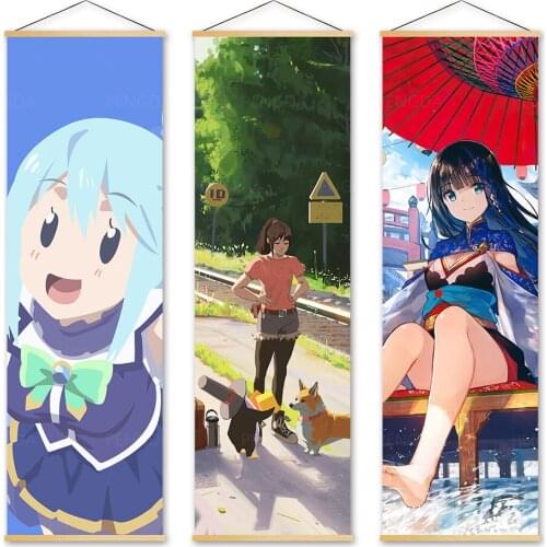 Poster Canvas Print Cute Girl Painting Wall Art Summer Picture Home Decoration Japan Animation Role Solid Wood Hanging Scrolls