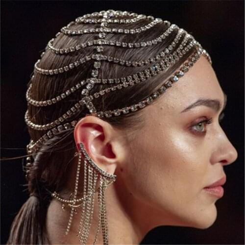 Luxury Rhinestone Forehead Headpiece Tassel Bridal Head Chain for Women Handmade Crystal Hair Pieces Headwear Accessories Hat
