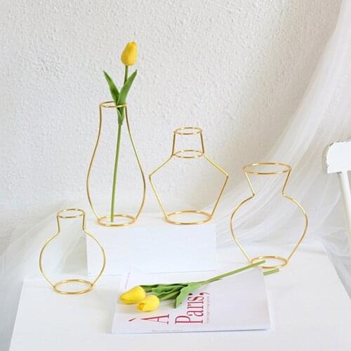 Creative Golden Iron Line Vase Geometric Hydroponic Plant Flower Vase Art Decor Metal Plant Holder Garden Modern Home Decor