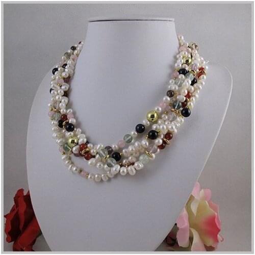 Unique Pearls jewellery Store,5rows Multicolor Agates Rose Quartz White Freshwater Pearl Necklace,Perfect Women Gift Jewelry
