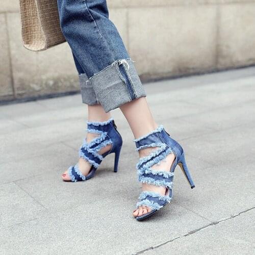 YMECHIC 2018 Denim High Heel Gladiator Sandals Women Shoes Blue Tassel Open Toe Ankle Zipper High Heels Ladies Shoes Plus Size