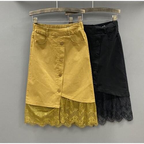 European Style Womens High Waisted Ginger Black Lace Patchwork Jeans Skirt , Woman Clothes , Casual Stretchy Denim Skirts