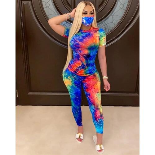 Women Casual Two-piece Clothes Set, Assorted Color Tie-dyed Print Short Sleeve Top + Long Pants New Fashion 2021