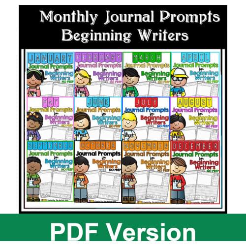 Monthly Journal Prompts for Beginning Writers The Bundle WorkSheets Practice Workbook Kids Children Learn English Coloring book