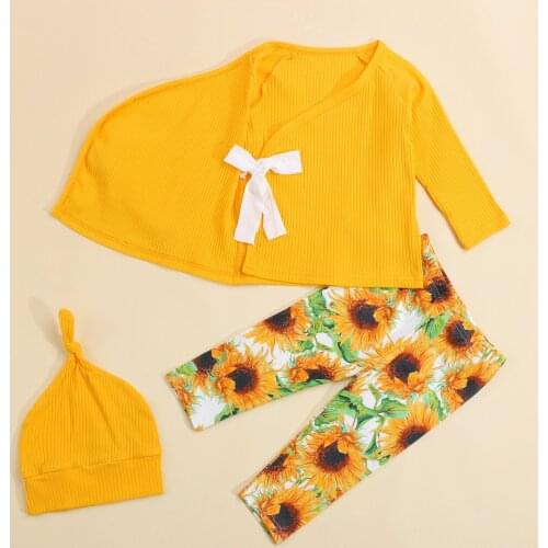 3Pcs Baby Print Clothes Suit V-Neck Long Sleeves Tied Tops Sunflower Print Pants Hat Suit for Toddlers Girls Boys 0-18 Months