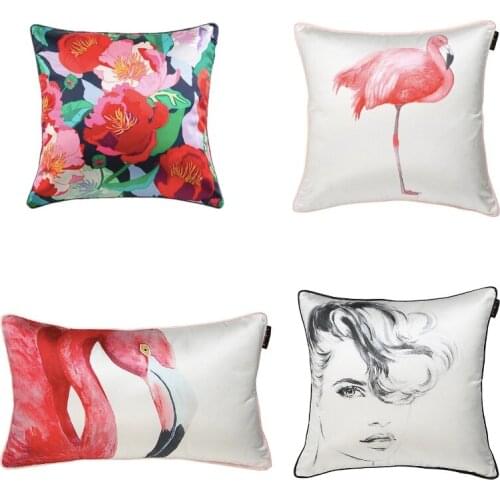 BIG SALE Imitation Silk Couch Cushion Cover Cojines Decorative Pillow Case Pink Flamingo Flora Beauty Lady Print Coussin