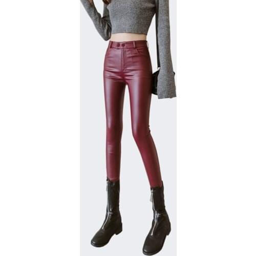 Spring and Autumn Womens Leather Pants Female fashion High waist Pants Leather Trousers PU Skinny Pencil Pants