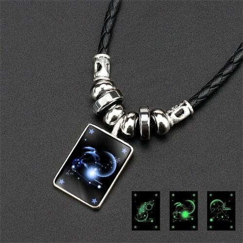 Zodiac Sign 12 Constellation Pendant Necklace for Women Men Luminous Leather Chain Womens Necklace Birthday Gift Fashion Jewelry