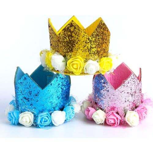 Childrens Birthday Hat Glitter Cloth Rose Flower Crown Hat Baby First Birthday Party Decoration Supplies Kids Numbers Hats