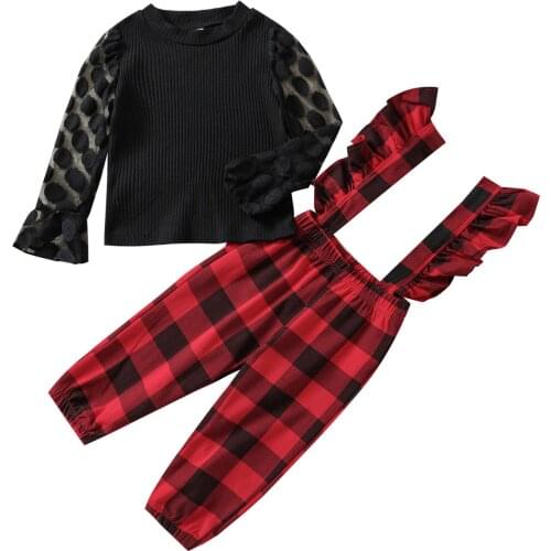 Ma&Baby 6M-4Y Christmas Baby Kid Girls Clothes Set Mesh Long Sleeve Tops T shirt Red Plaid Pants Overalls Xmas Outfits DD40