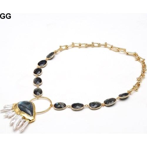 GG Jewelry 18" Teardrop Labradorite Chain Bezel Set Station Necklace Big Blue Labradorite White Biwa Pearl Pendant For Women