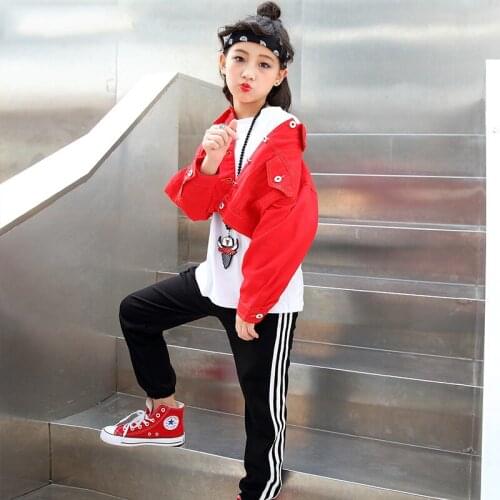 Girls hip hop sets kids jazz dancewear white T shirt red denim jacket black harem pants children jazz dance outfit