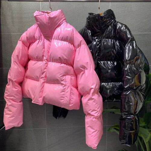 Fashion Women Bright PU Puffer Jacket Winter Warm Thick Bubble Coat Zipper Glossy Leather Down Parka Outerwear Loose Pink Jacket