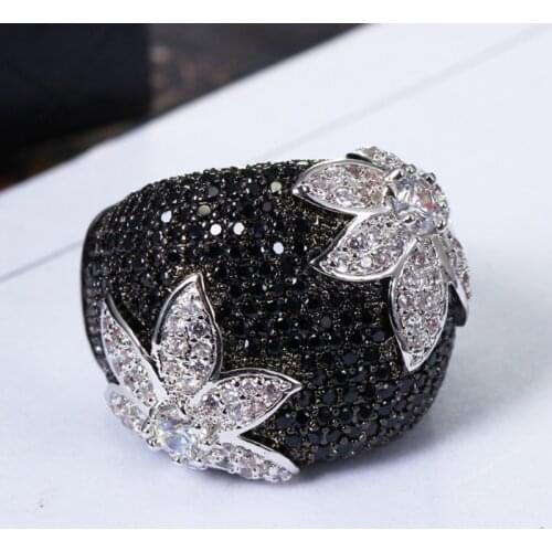 Exaggerated Design Austrian Crystal Element Black Flower Ring Gold Color Rings For Women Ring