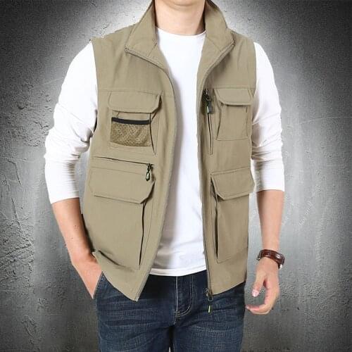 Men Summer Vest Jacket Multi Pockets Waistcoat Men Outwear Fishing Wear Outdoor Vest Coat Male Clothing VestsCollar Plus Size