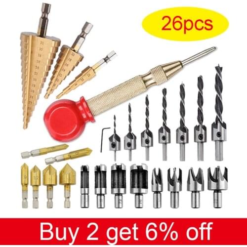 26Pcs Woodworking Chamfer Drill Bit Set Wood Plug Cutter Automatic Center Pin Punch Step Drill Bit