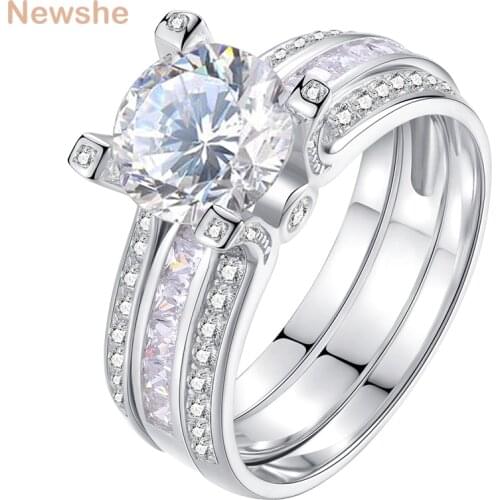 Newshe 2Pcs Wedding Ring Sets For Women 2 Carats Round Cut AAAAA Cubic Zircon Engagement Band Trendy Jewelry Gift JR4579_WG